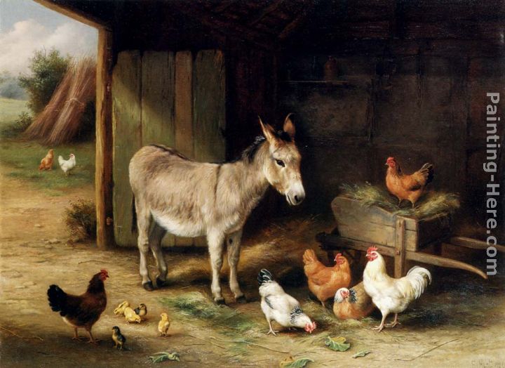 Donkey, Hens and Chickens in a Barn painting - Edgar Hunt Donkey, Hens and Chickens in a Barn art painting